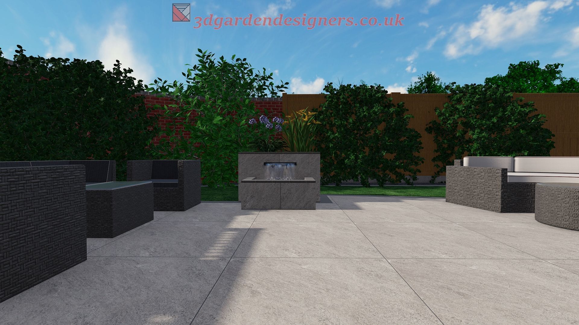 A computer generated image of a patio with furniture and a fountain.