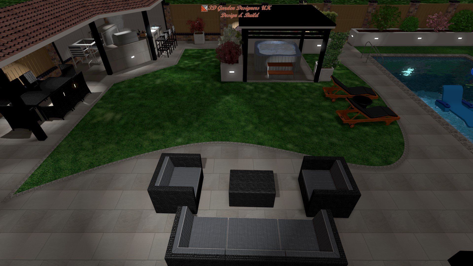 An aerial view of a backyard with a swimming pool and patio furniture.