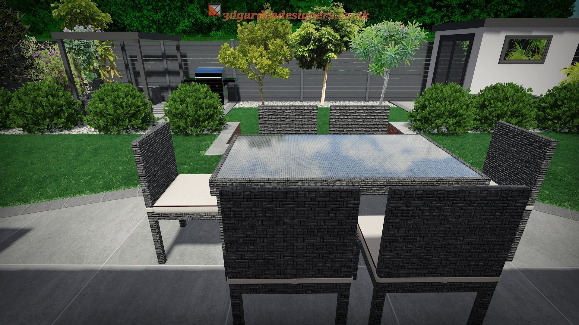 Patio with table and chairs, surrounded by greenery, trees, and a grill.