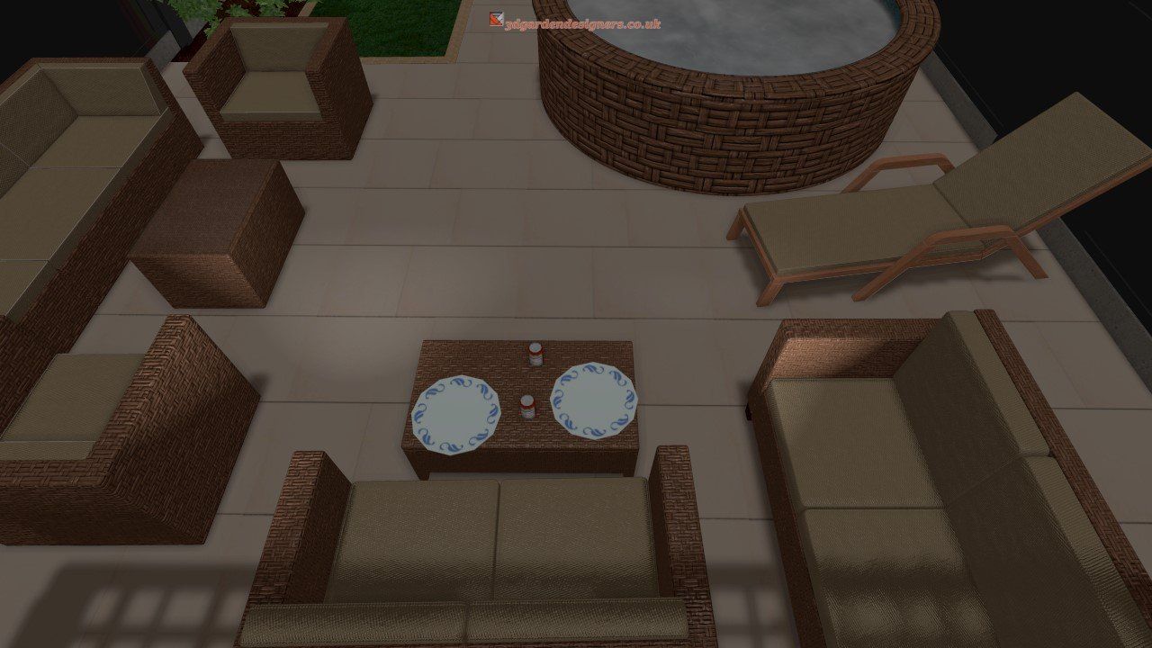 An aerial view of a living room with furniture and a hot tub.