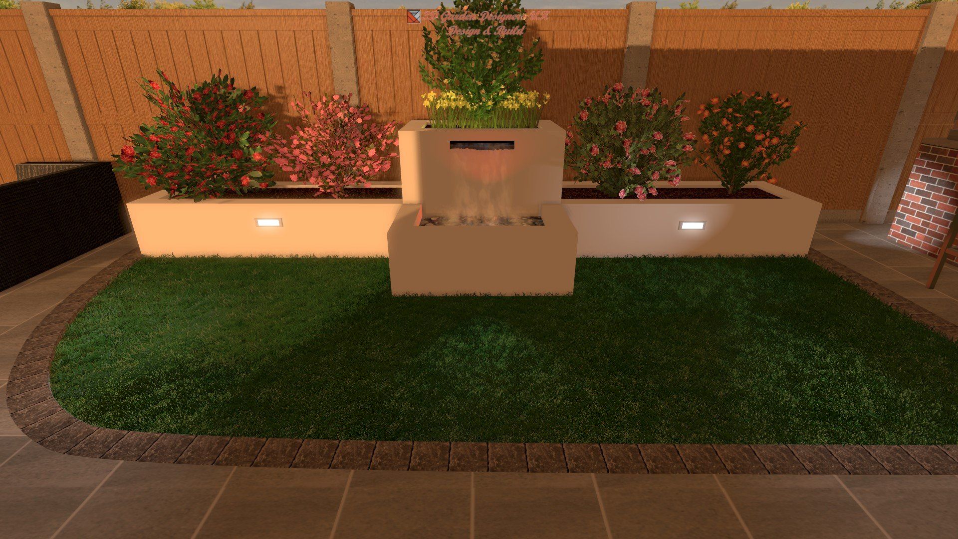 A 3d rendering of a backyard with a fountain and flowers.