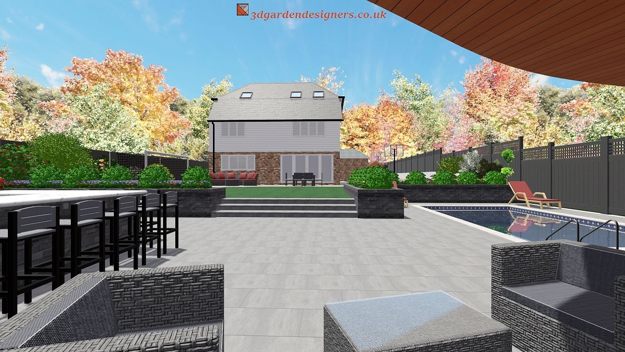 An artist 's impression of a backyard with a swimming pool