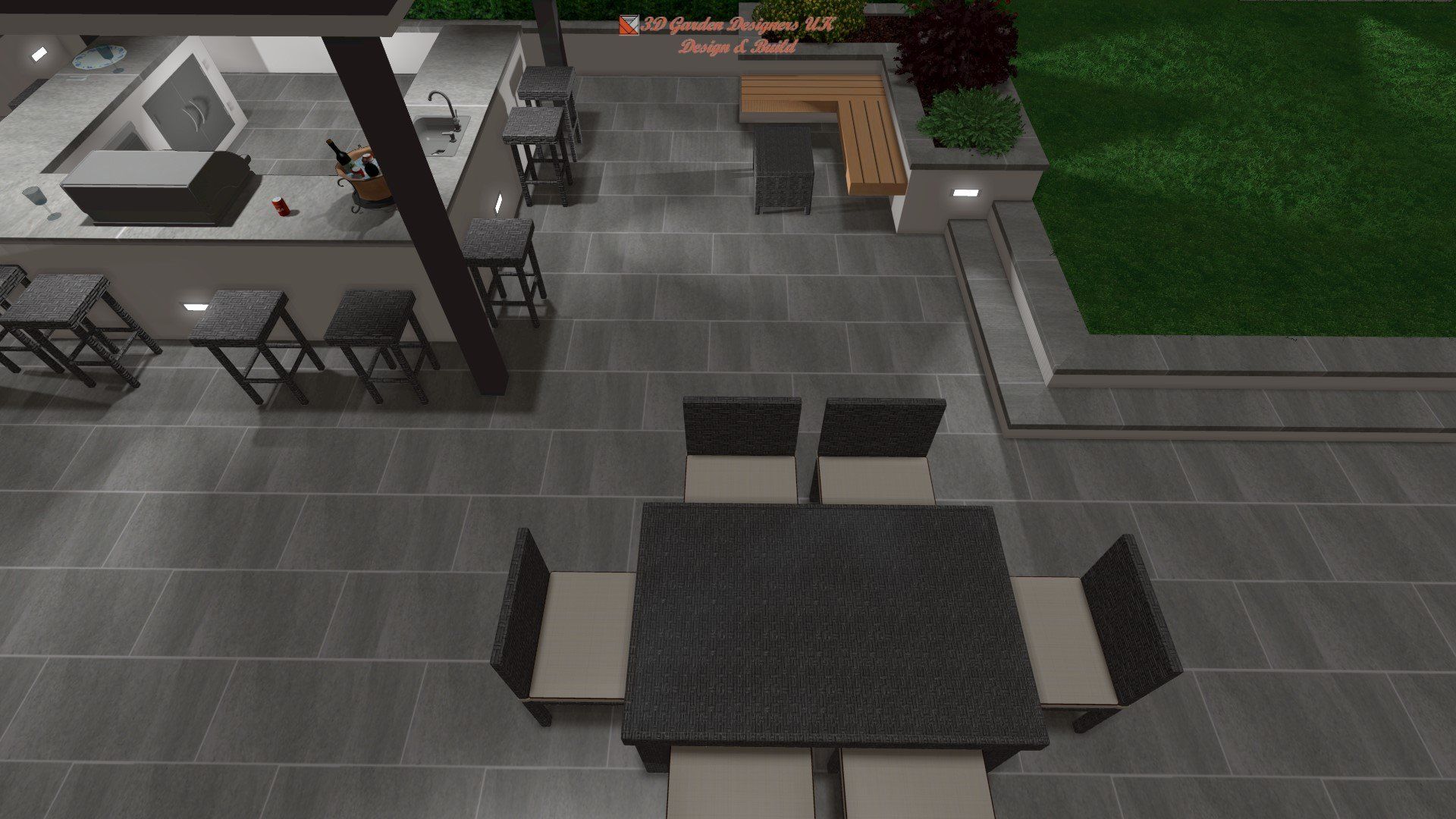 An aerial view of a patio with a table and chairs