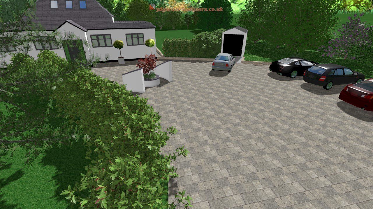 A rendering of a driveway with cars parked in front of a house.