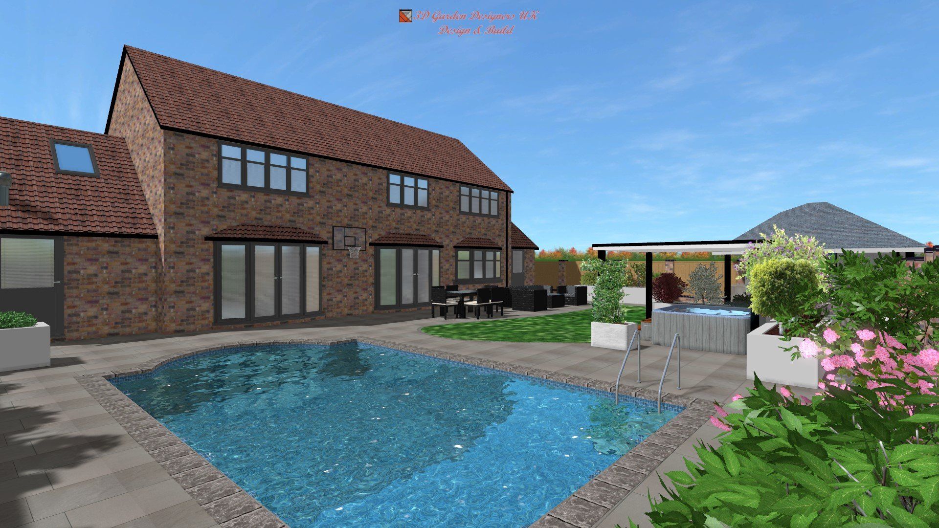 A computer generated image of a house with a large swimming pool in front of it.