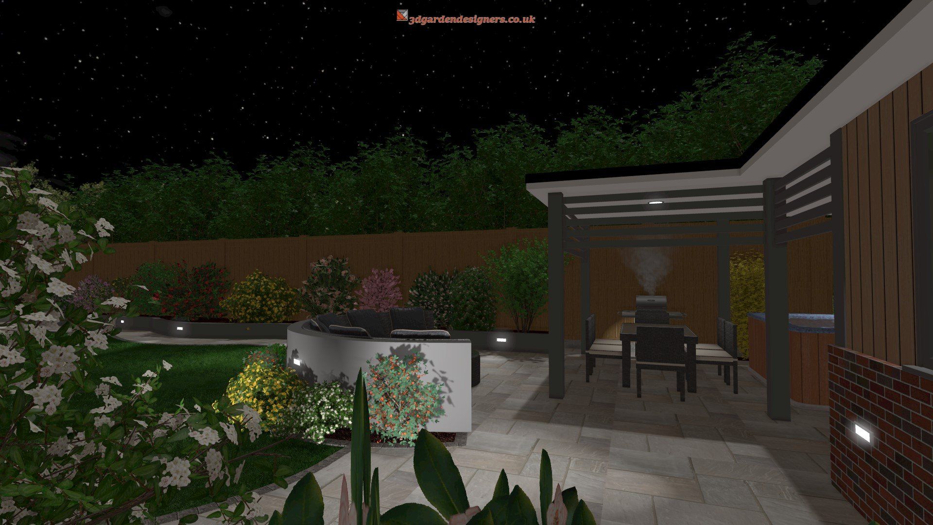 A computer generated image of a backyard at night with a table and chairs.