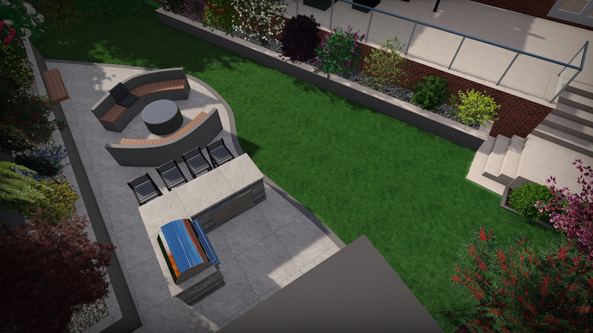 Overhead view of a modern patio with a grill, seating area, and lush green lawn.