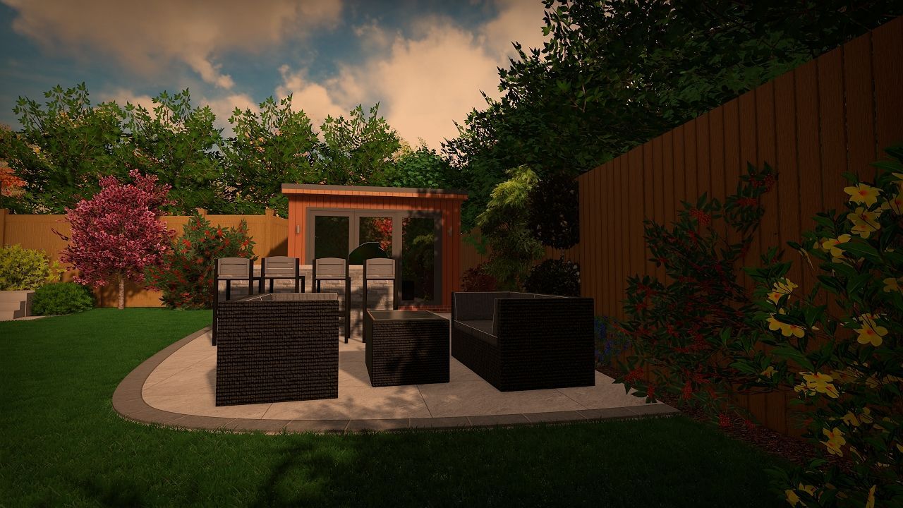 Patio with dark furniture, a shed, and lush greenery in a backyard setting.