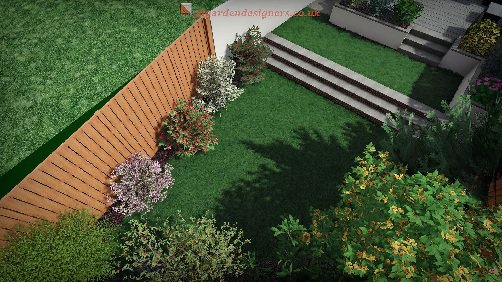 An aerial view of a garden with a wooden fence and stairs