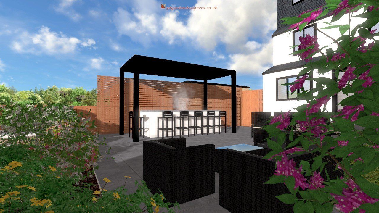 A computer generated image of a patio with a pergola and a table and chairs.