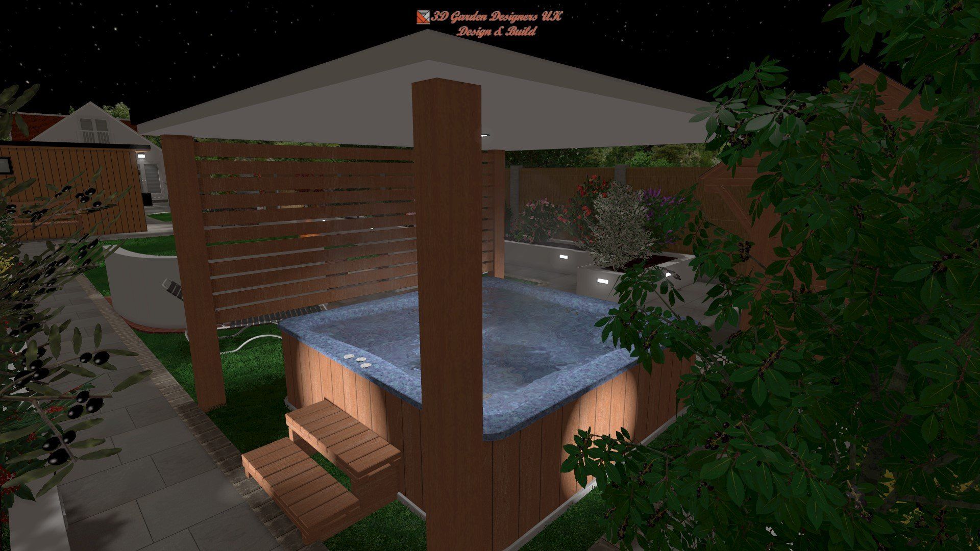 A hot tub is under a gazebo in a backyard at night.