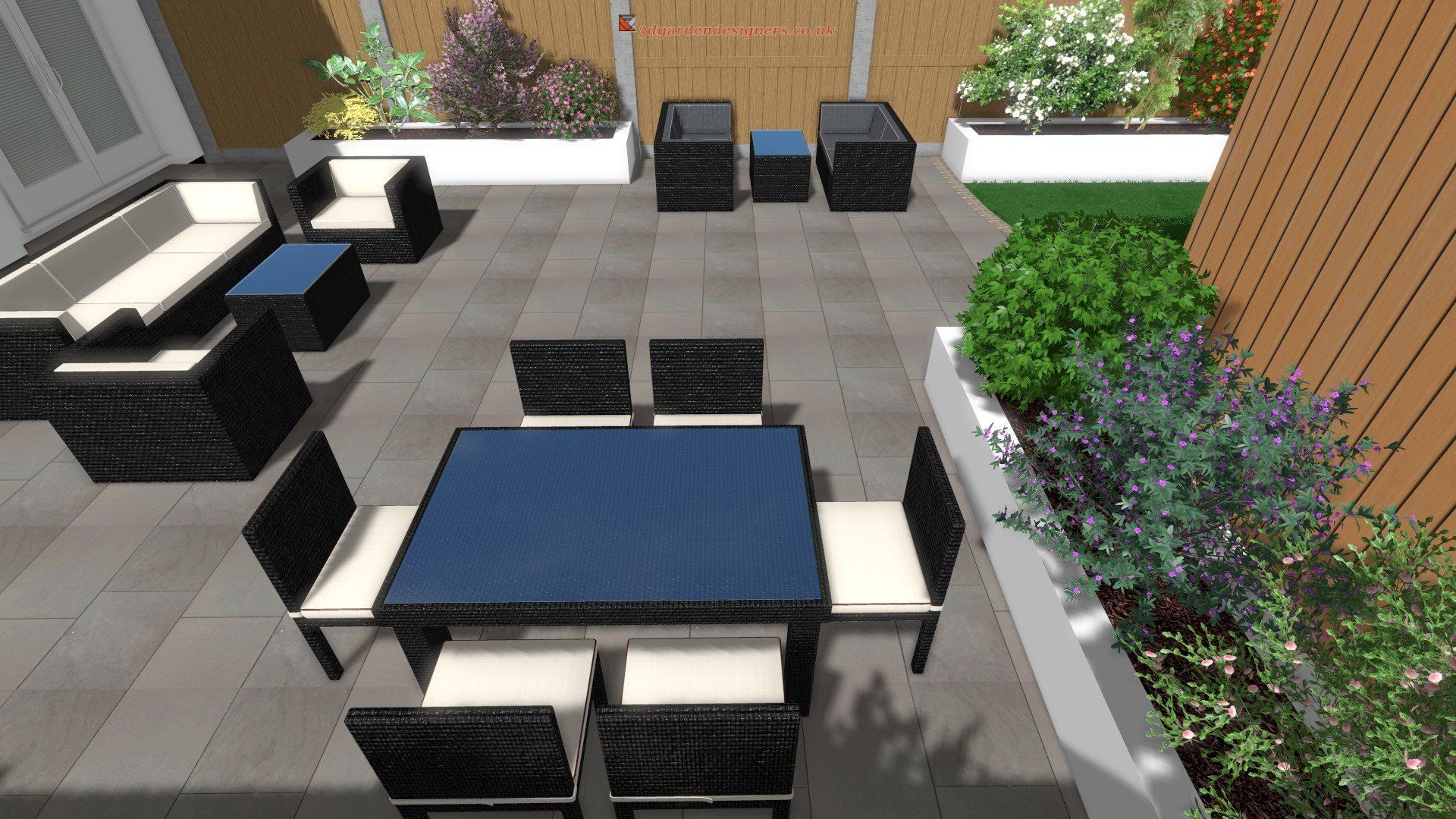 A computer generated image of a patio with a table and chairs