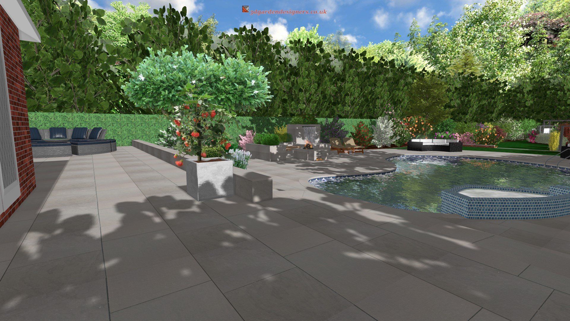 A computer generated image of a backyard with a pool and a patio.
