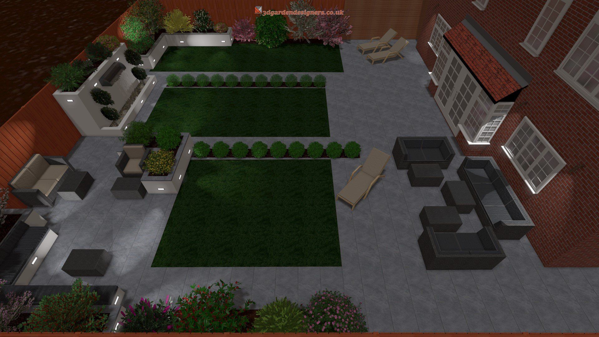 An aerial view of a patio with a brick building in the background.