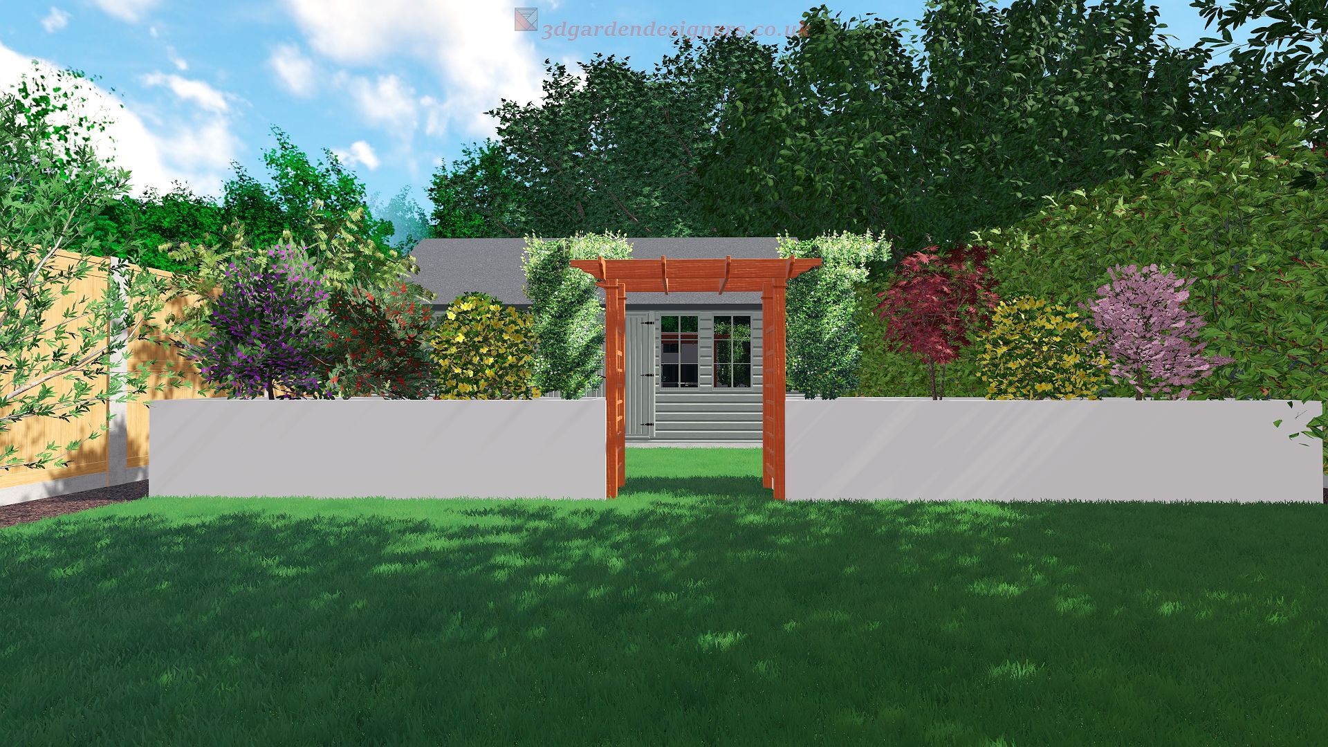 Garden with green lawn, a white wall, and a wooden archway leading to a shed with surrounding foliage.