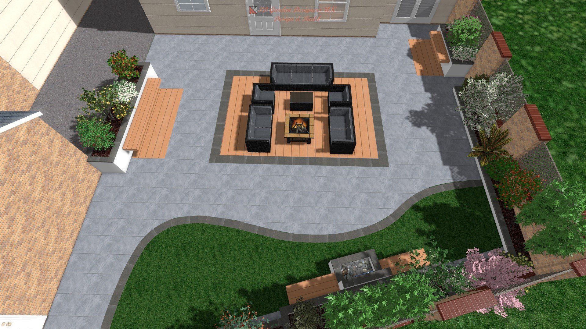 An aerial view of a patio with furniture and a fire pit