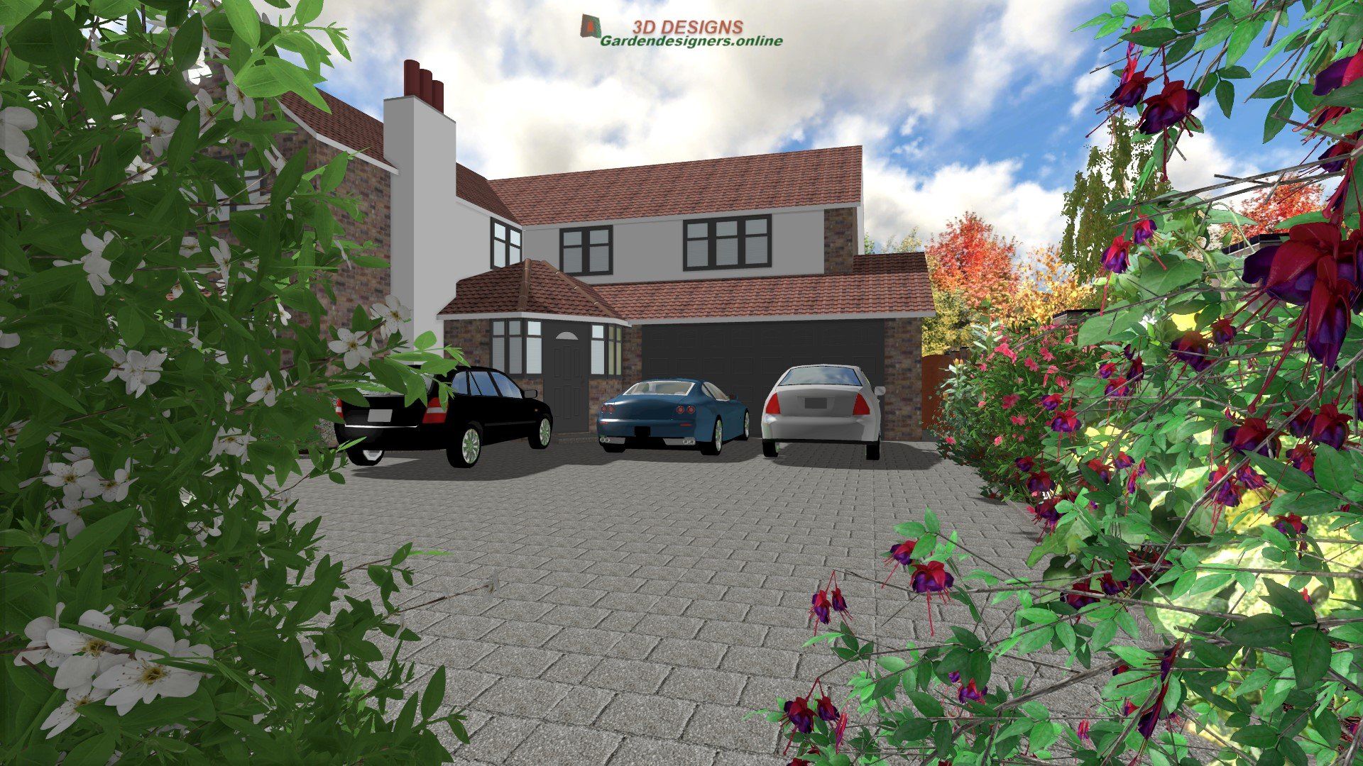 A computer generated image of a house with cars parked in front of it