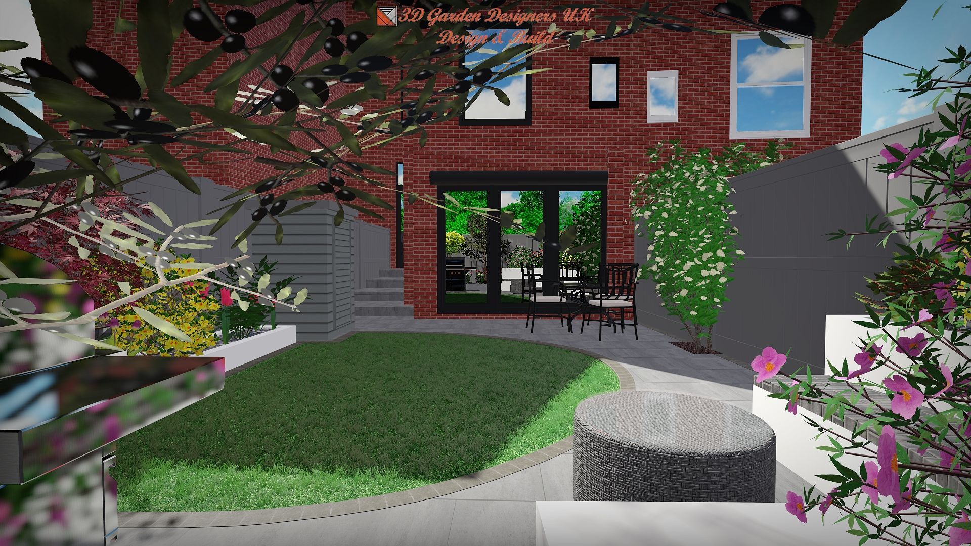 A computer generated image of a backyard with a brick house in the background