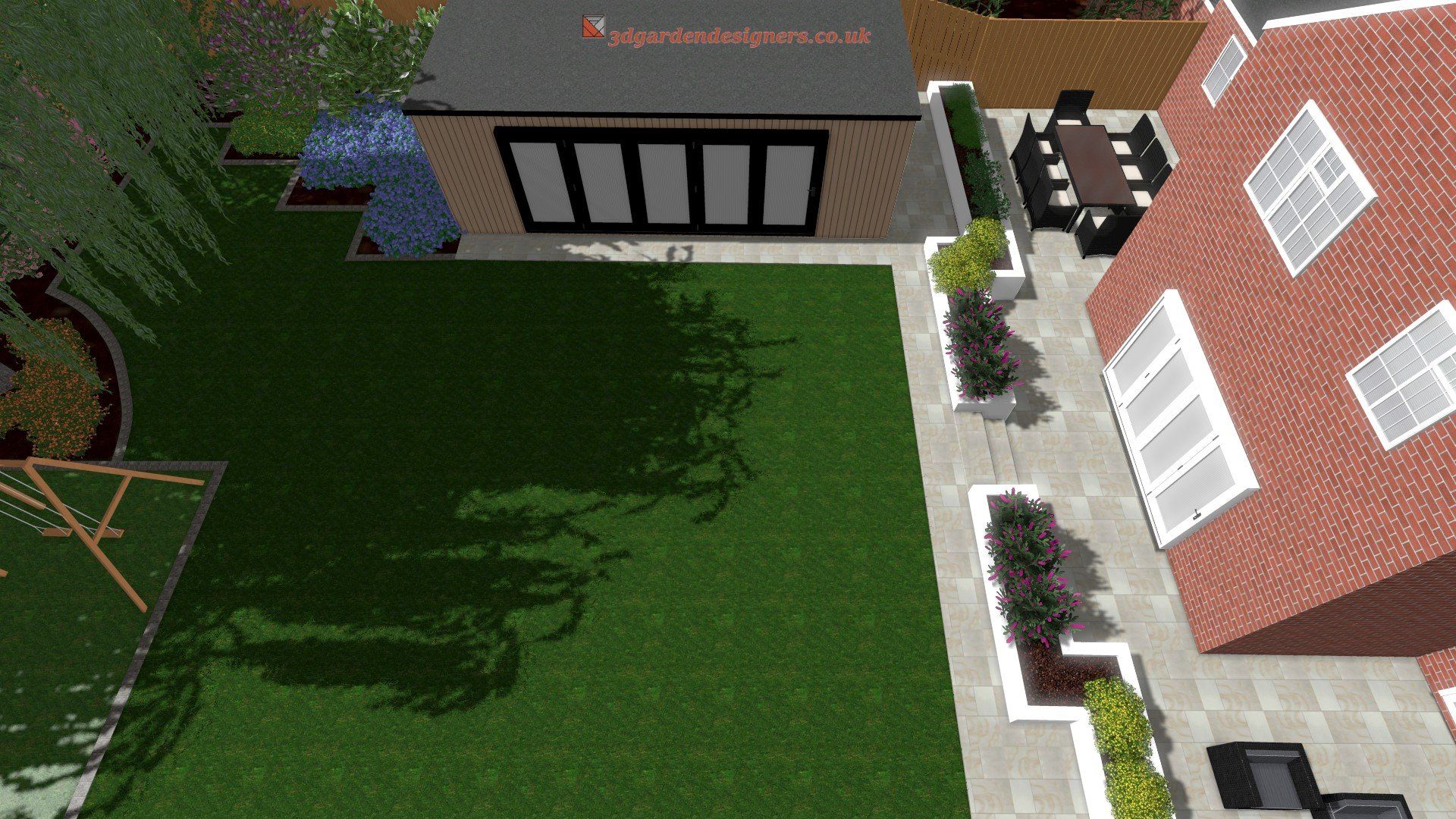 An aerial view of a house with a large lawn and a patio.