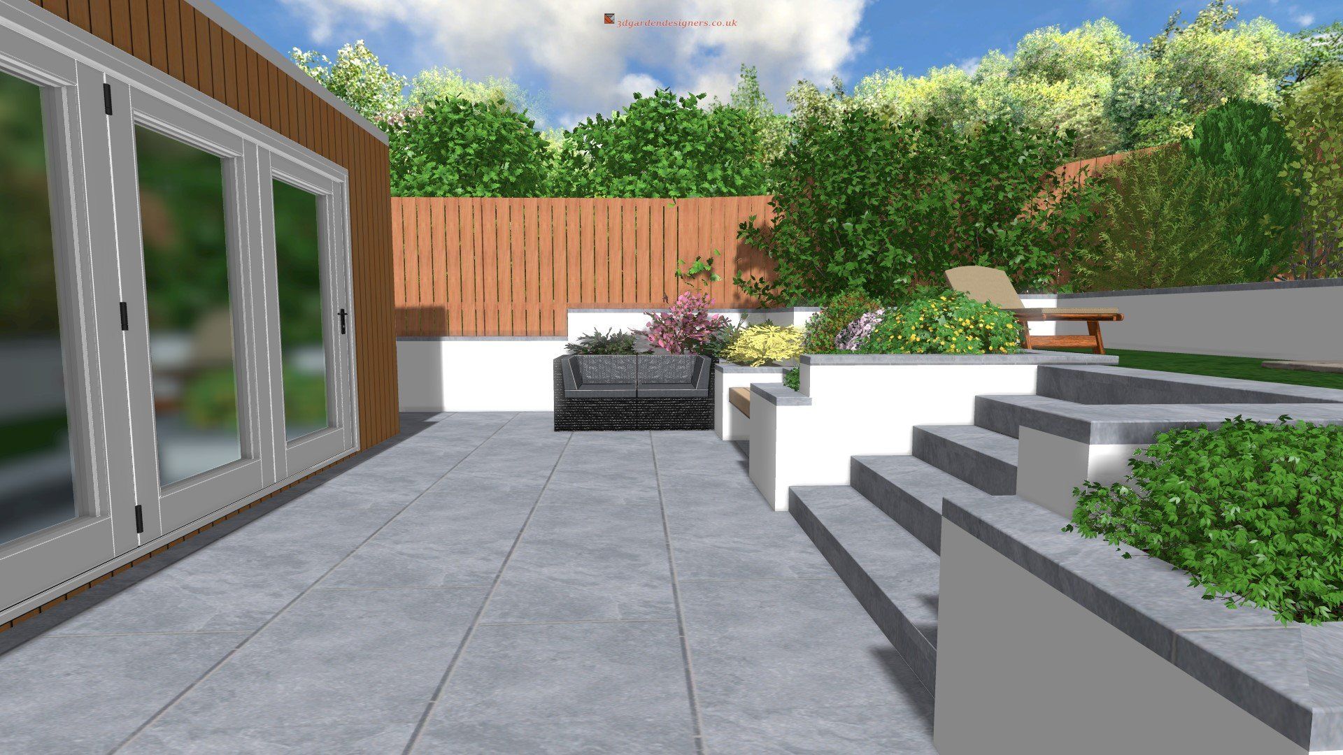 A computer generated image of a patio with a couch and stairs