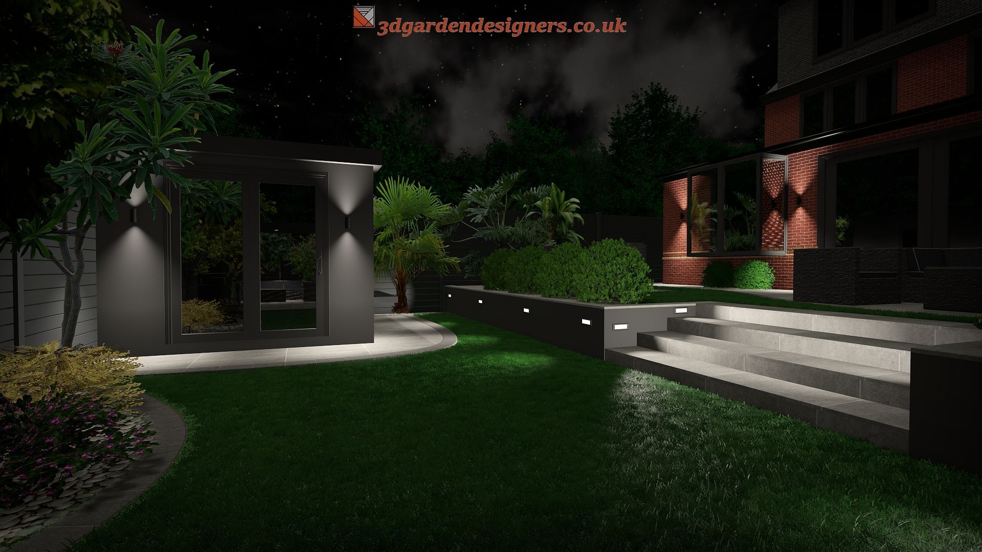 Nighttime garden scene with illuminated patio, grass, trees, and a brick house.
