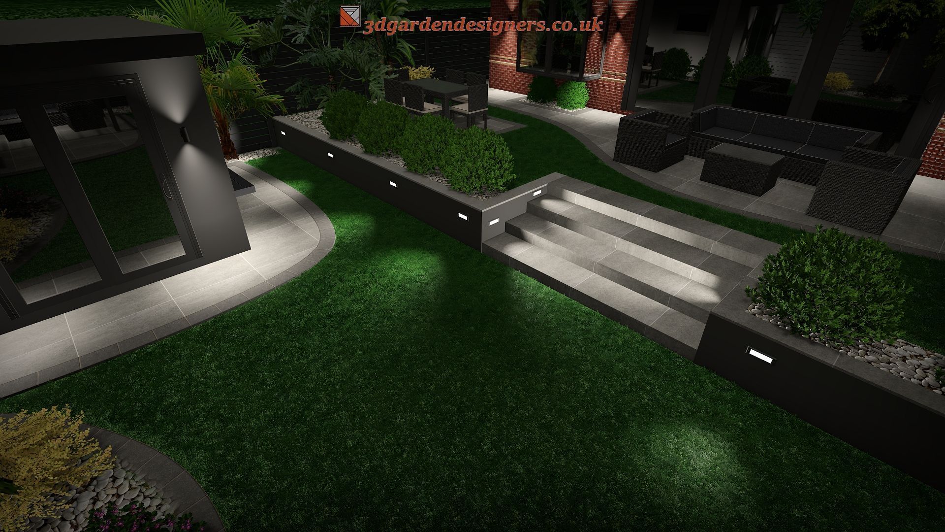 Lit modern garden at night; grass, stone steps, hedges, and furniture.