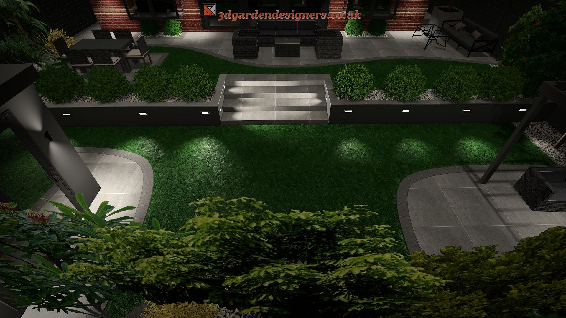 Night view of a modern backyard with illuminated landscaping and outdoor furniture.