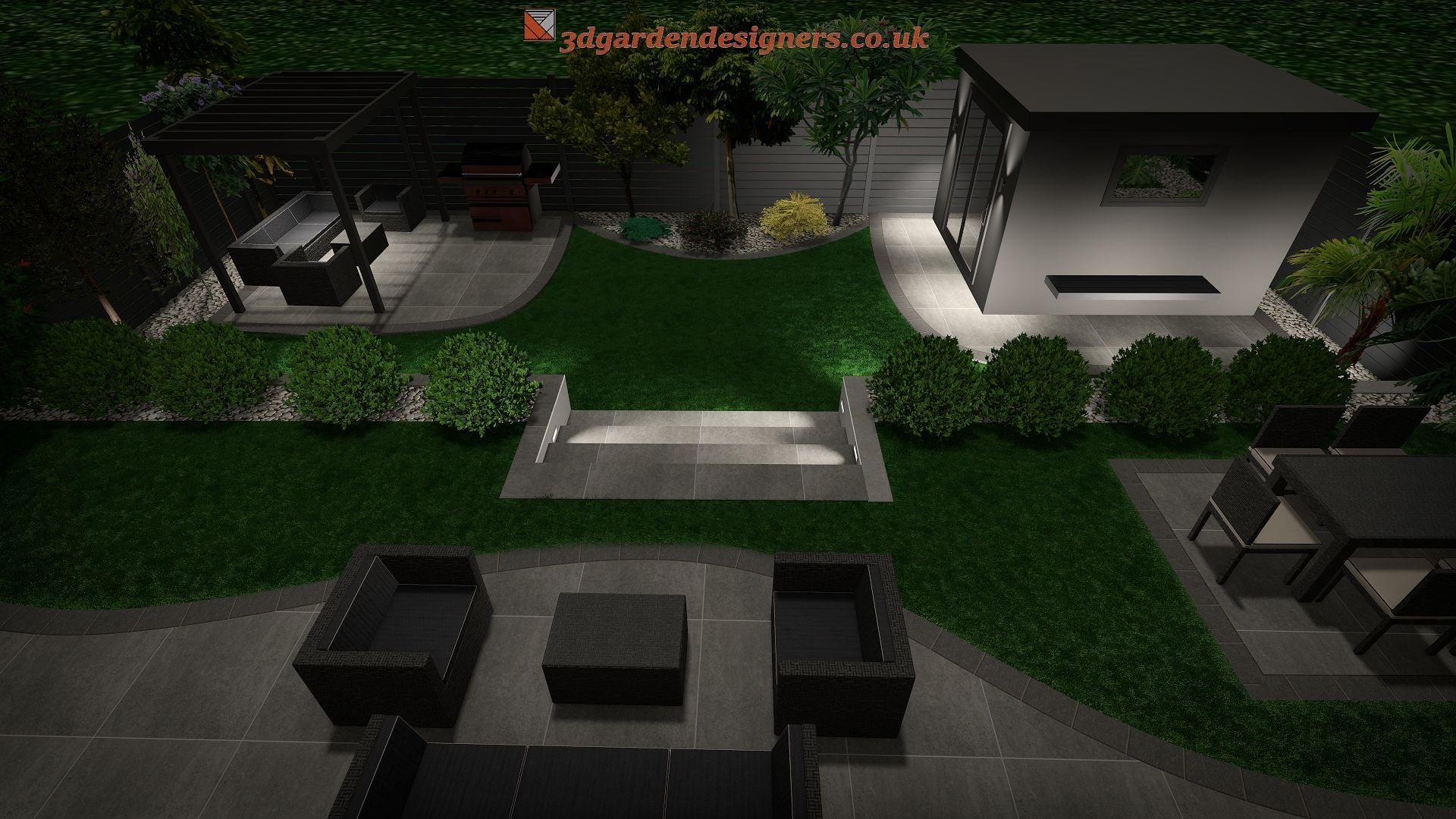 Nighttime garden with patio furniture, grill area, and modern, illuminated structures.