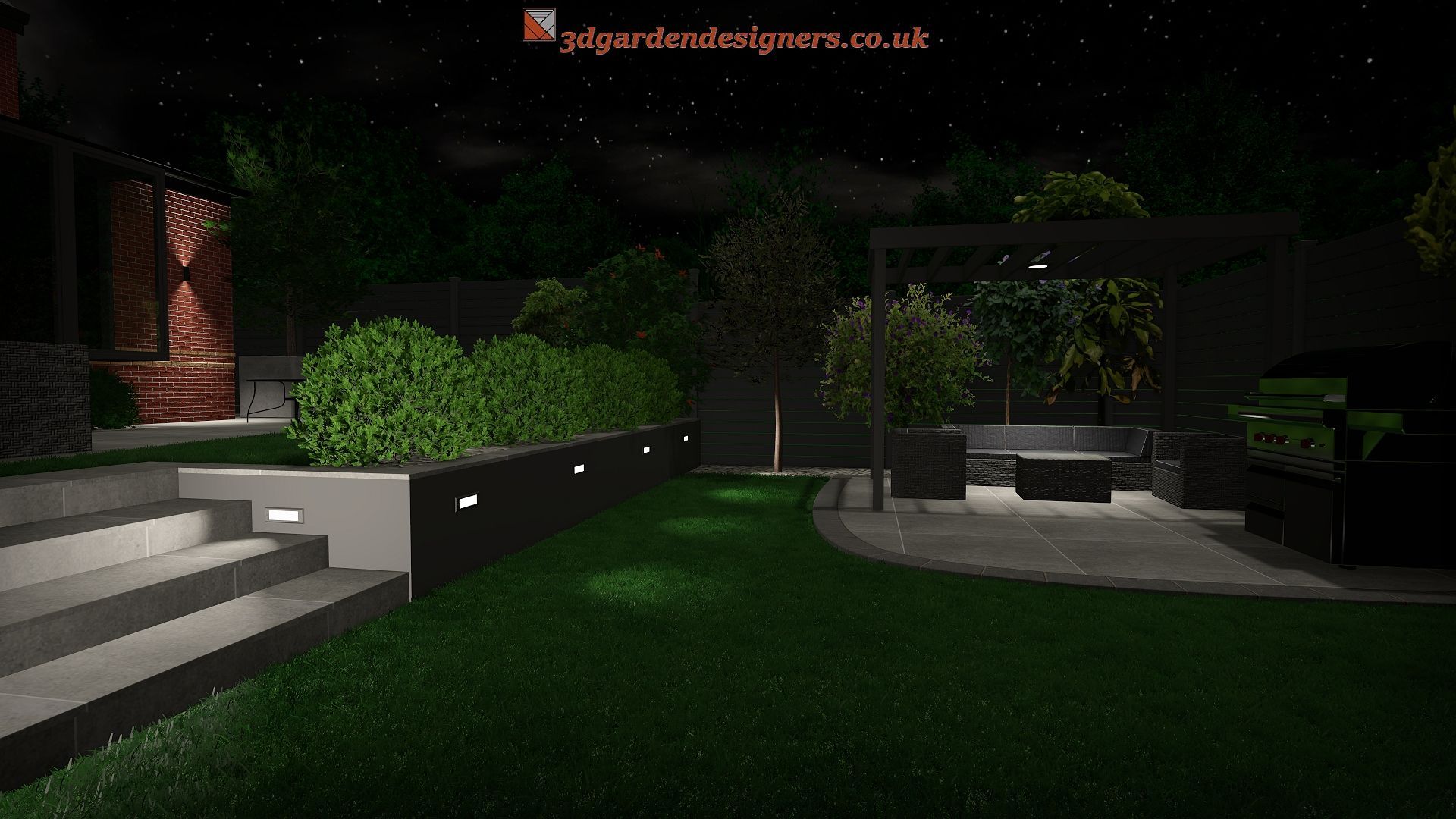 Nighttime backyard scene with illuminated landscaping, steps, and a patio.