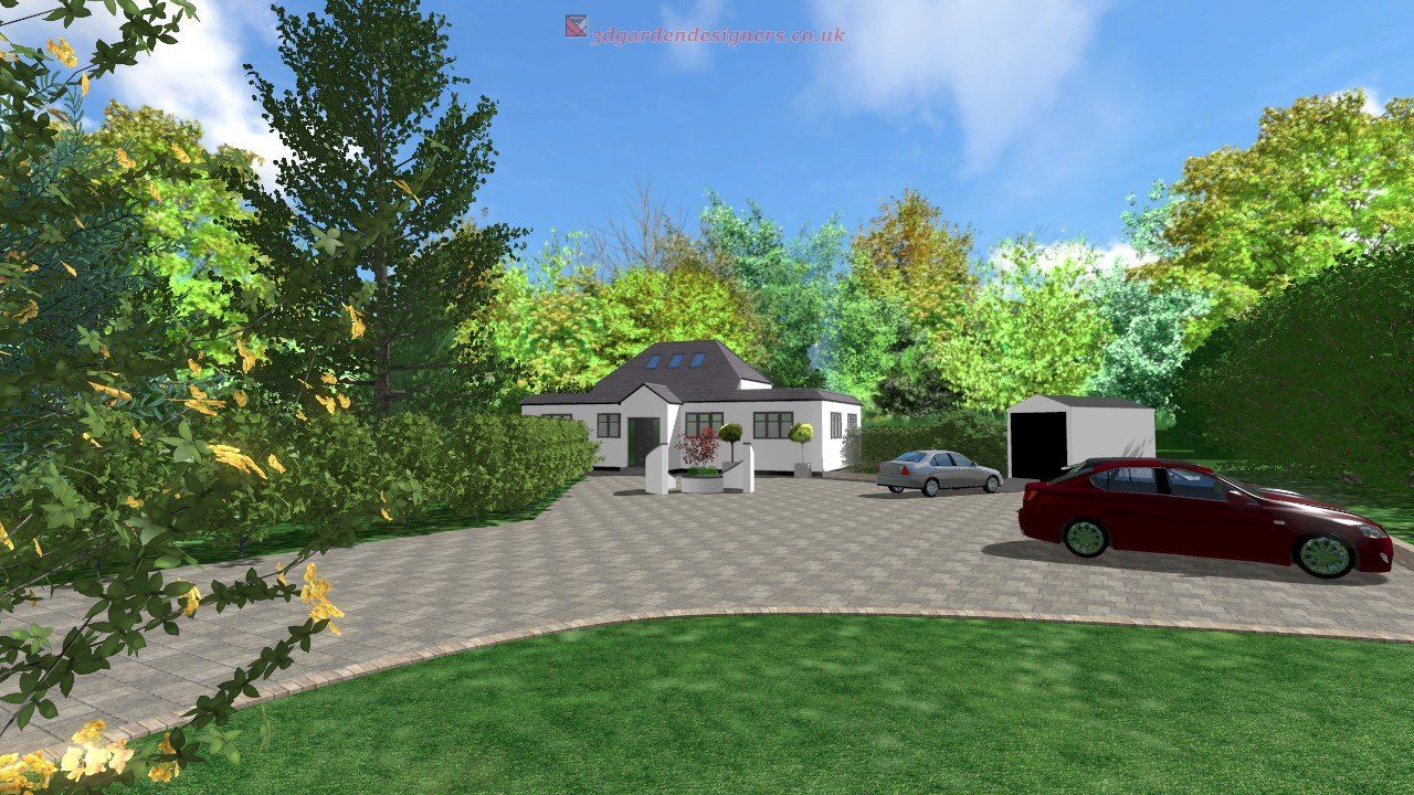 A red car is parked in front of a house