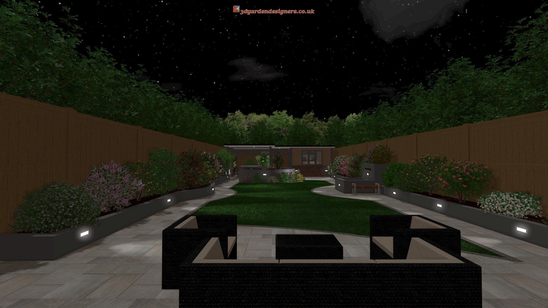 A computer generated image of a backyard at night with furniture and a fence.