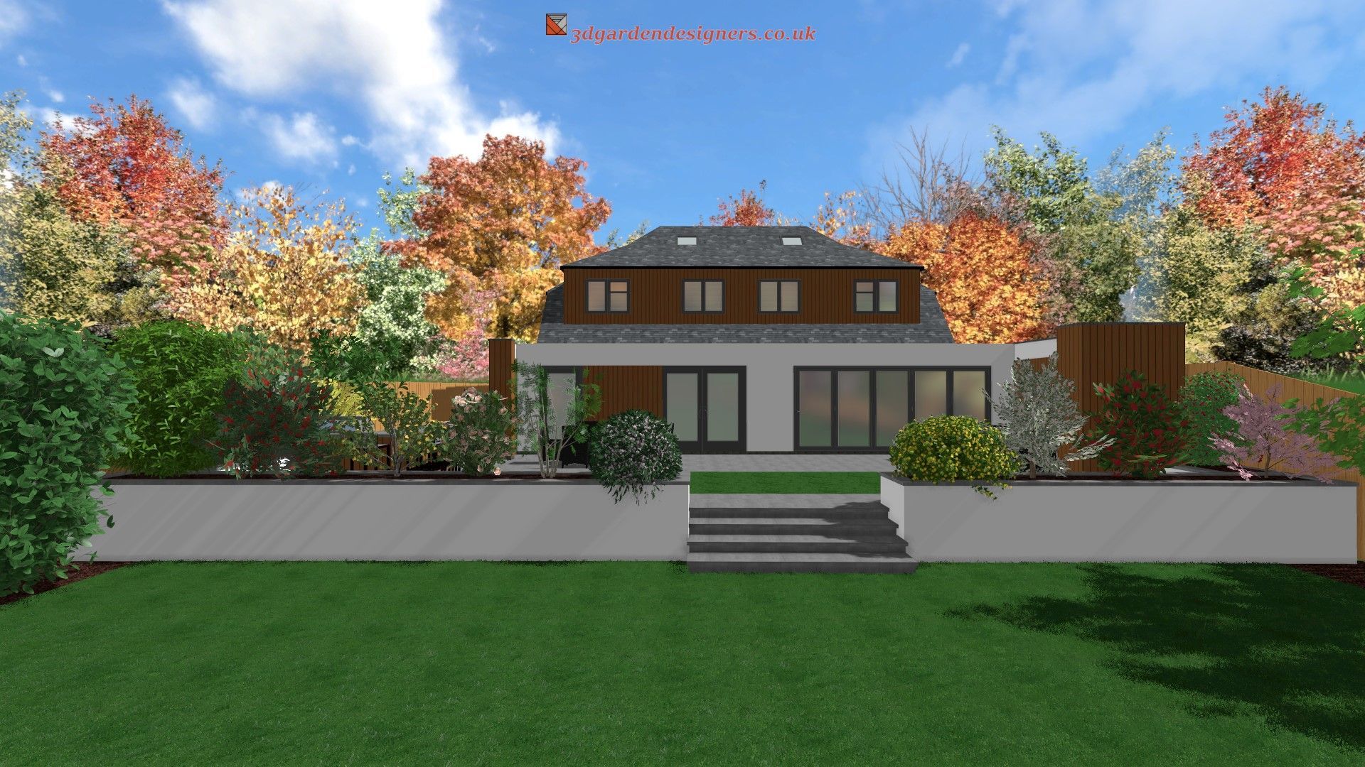 A computer generated image of a house with trees in the background