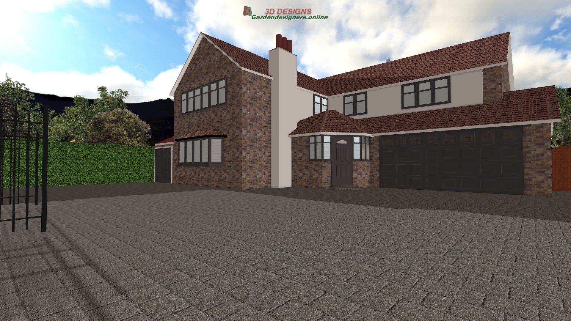 A computer generated image of a large brick house