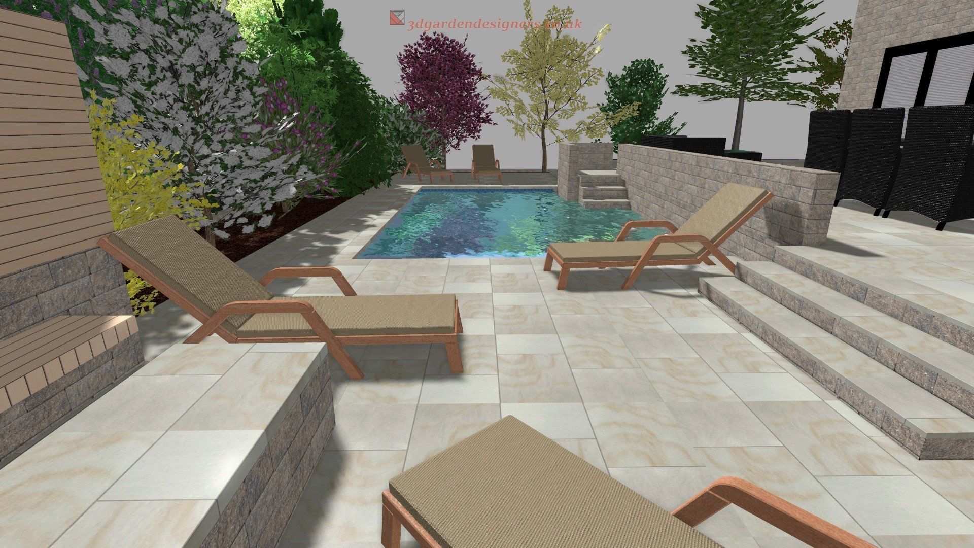 A computer generated image of a patio with chairs and a pool.