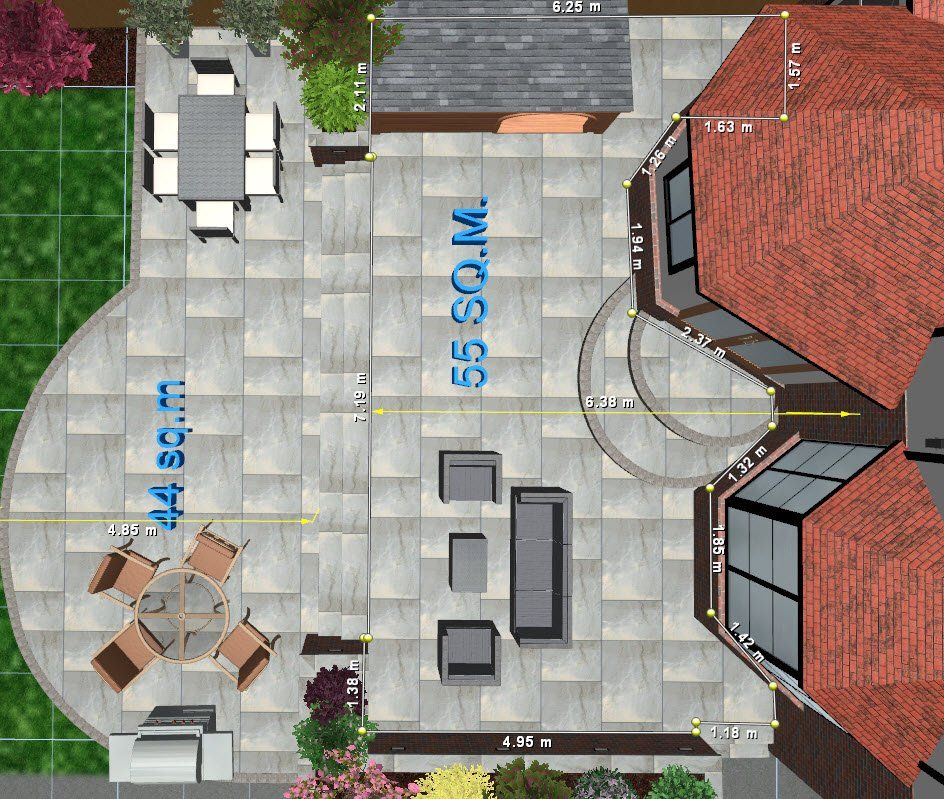 An aerial view of a house and patio with measurements