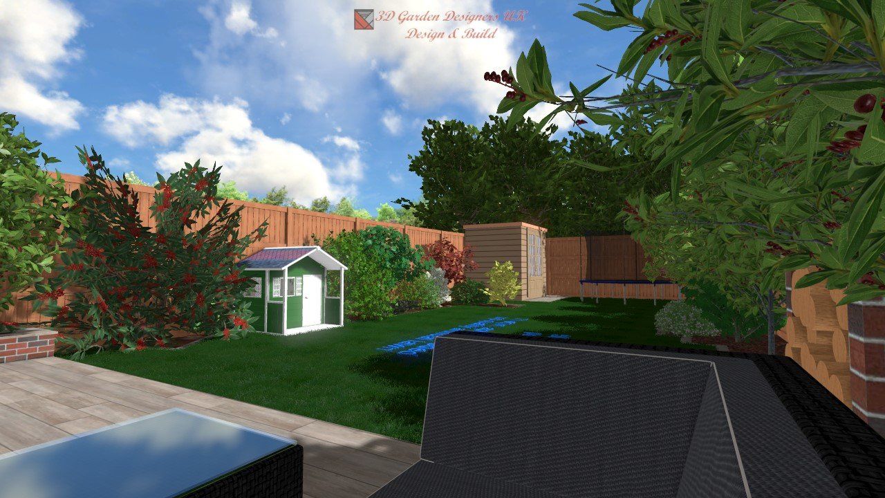 A computer generated image of a backyard with a playhouse and a fence.