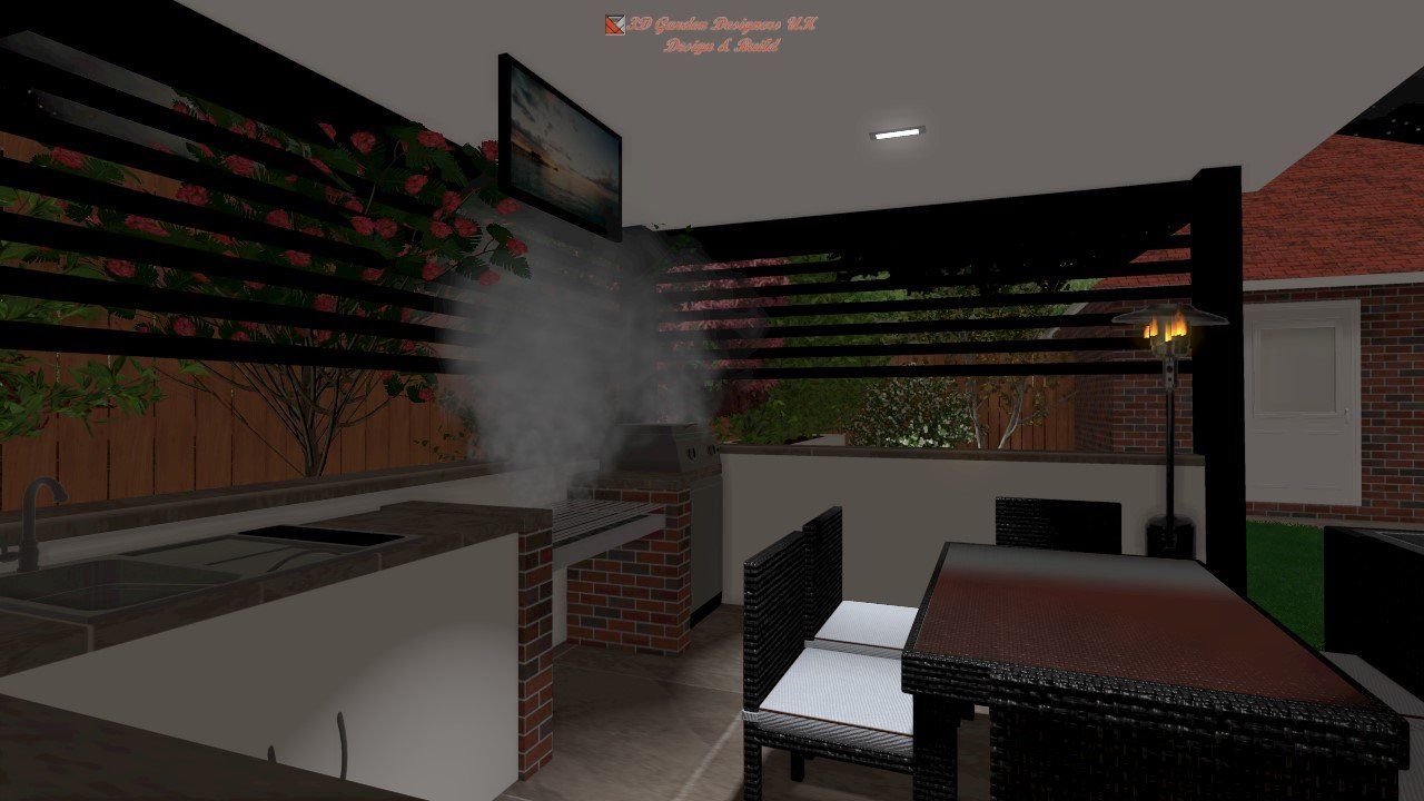 A computer generated image of a patio with a table and chairs