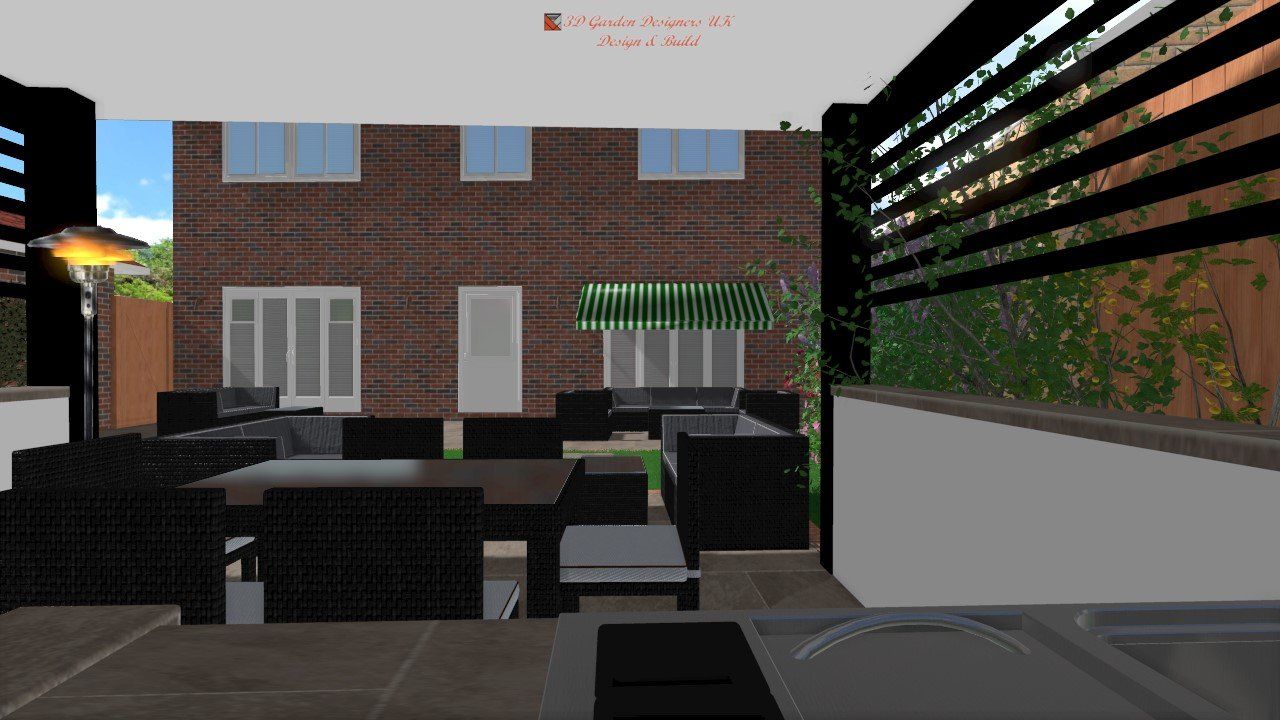 A computer generated image of a patio area with a brick house in the background