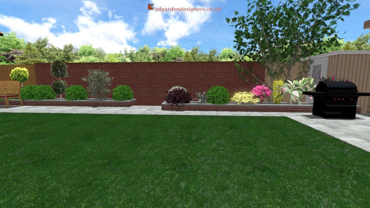 A computer generated image of a backyard with a barbecue and a brick fence.