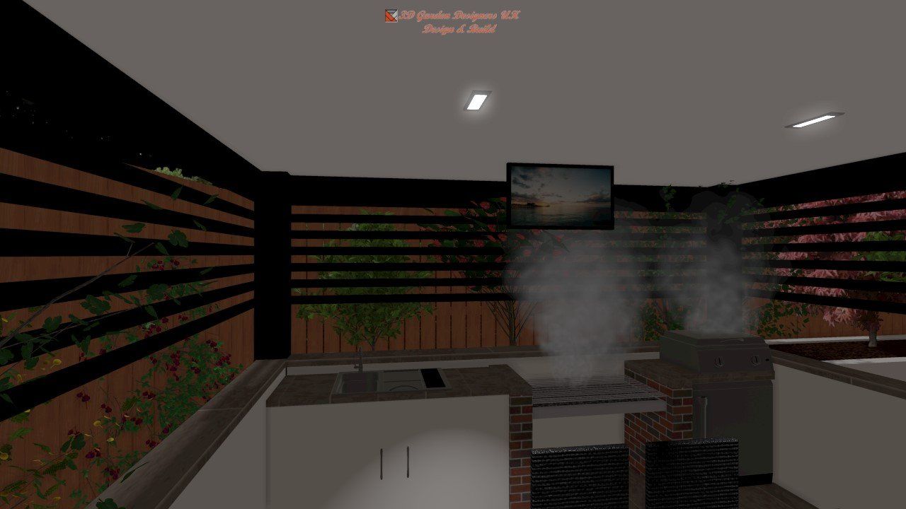 A computer generated image of a kitchen with smoke coming out of the stove.