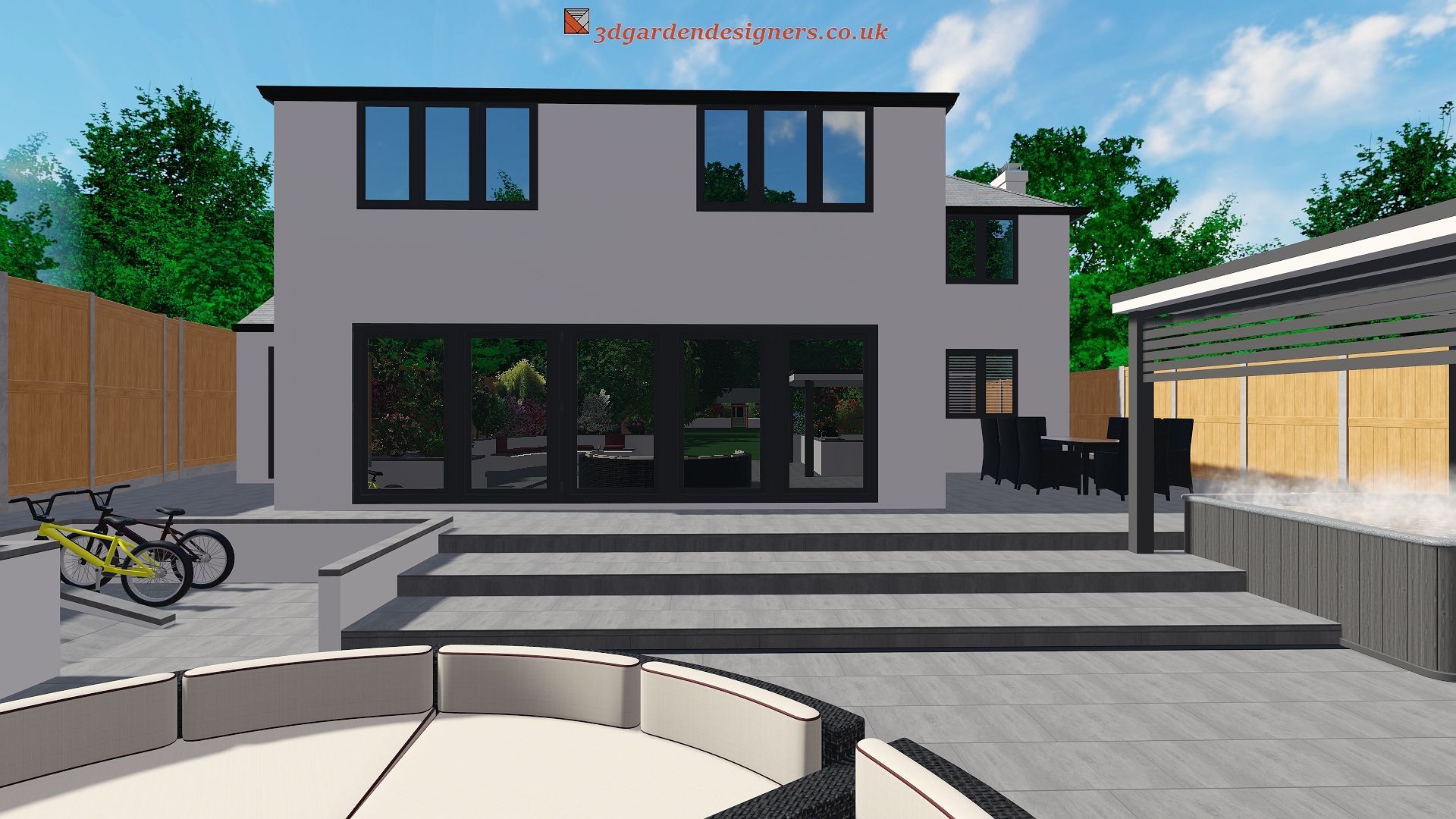 Modern gray house exterior with patio, hot tub, and two bicycles.