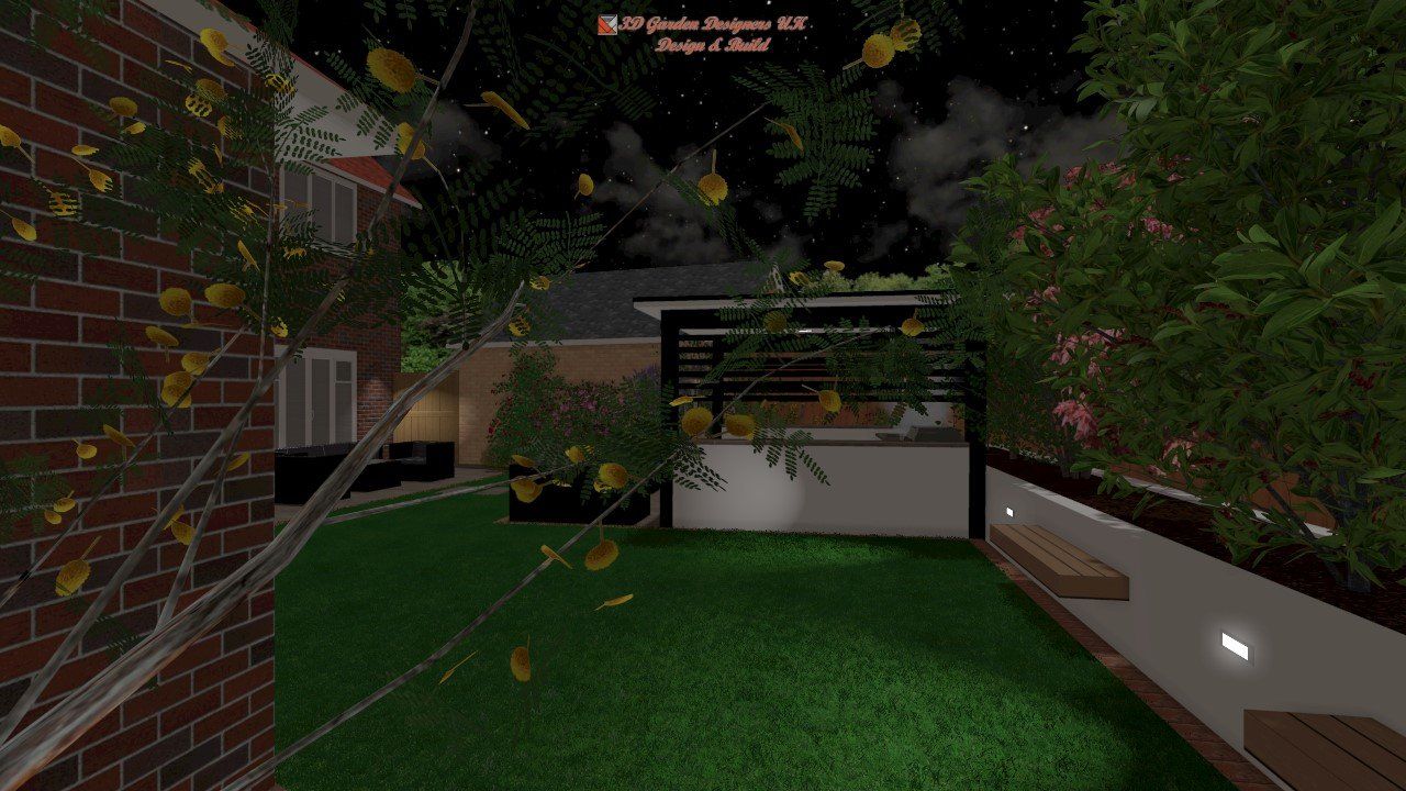 A computer generated image of a backyard with a brick wall and a fence.