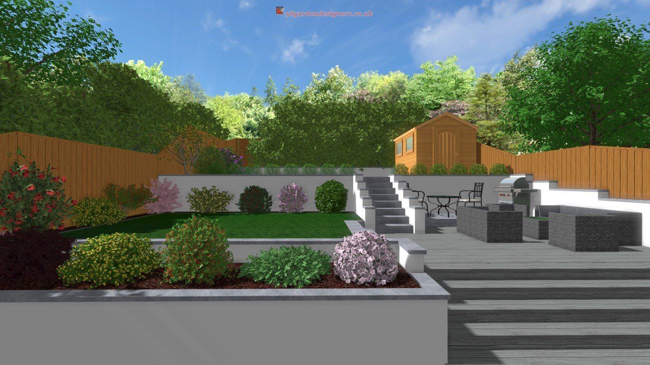 A computer generated image of a backyard with a patio and stairs