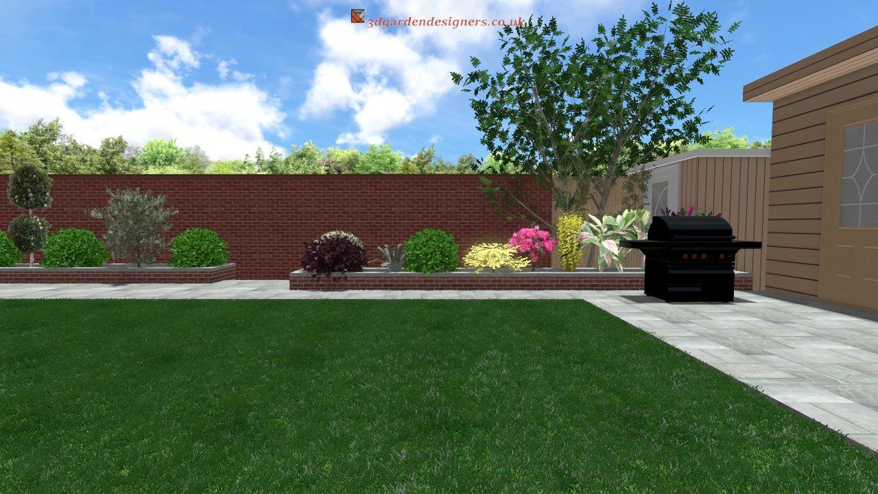 A 3d rendering of a backyard with a grill and a brick wall.
