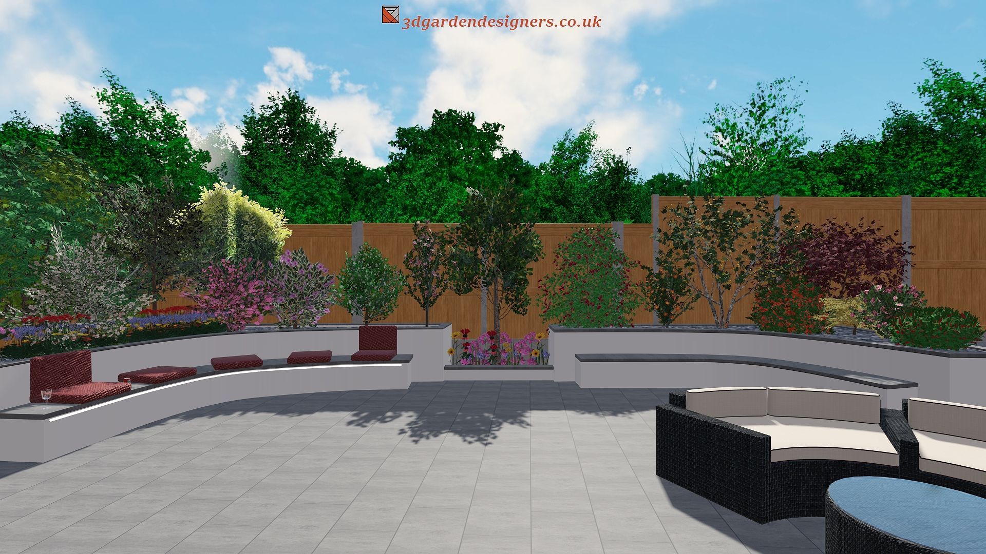 Modern backyard patio with seating areas, landscaping, and a sunny sky.