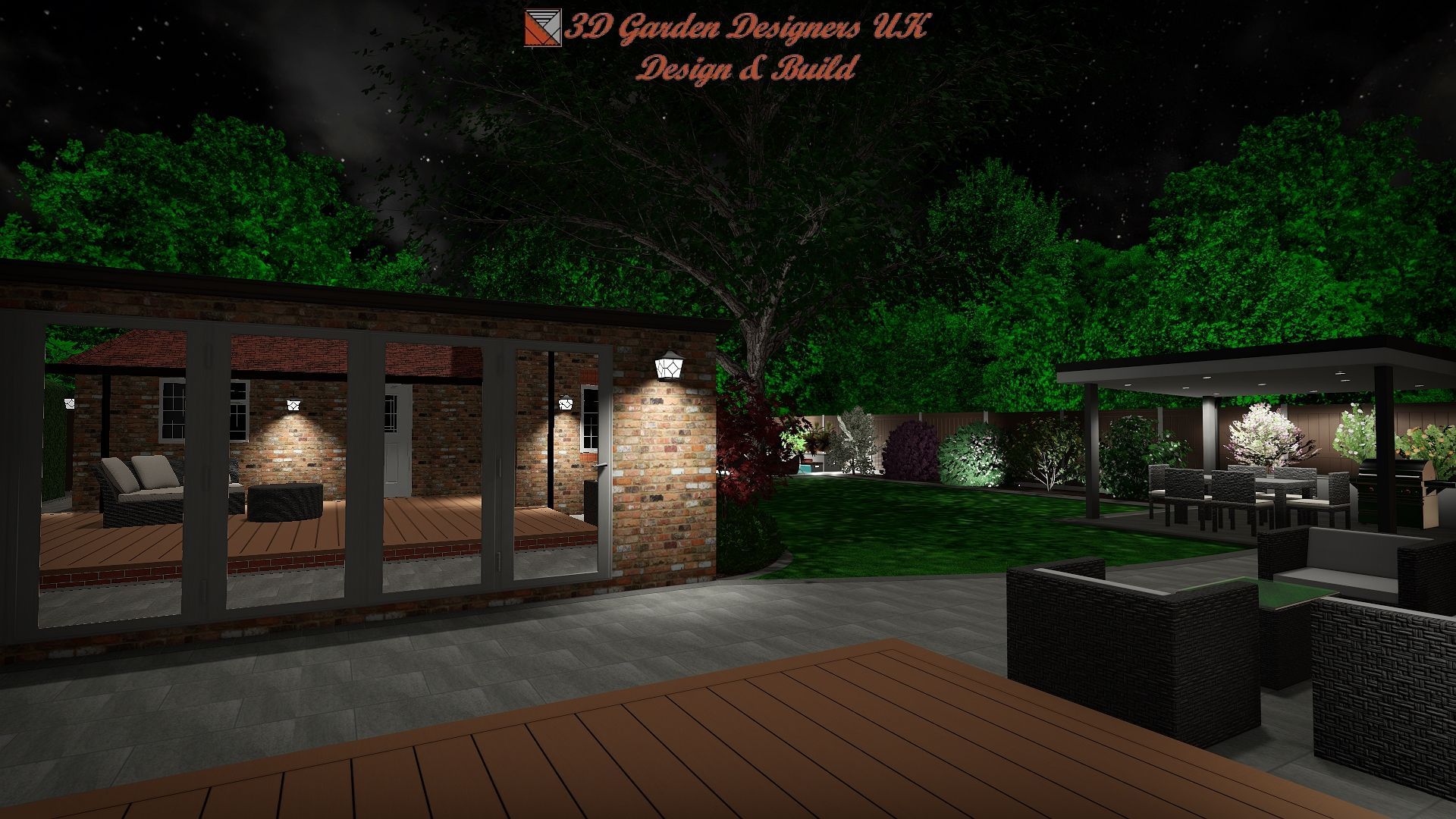 Nighttime garden scene with illuminated patio, seating, and trees.