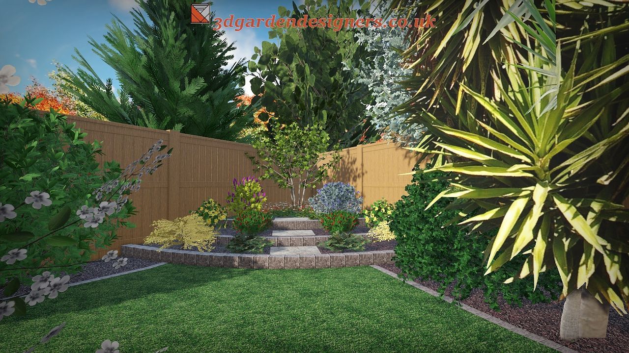 Lush garden with tiered stone bed, shrubs, trees, and wooden fence. Green grass and varied foliage create a vibrant scene.