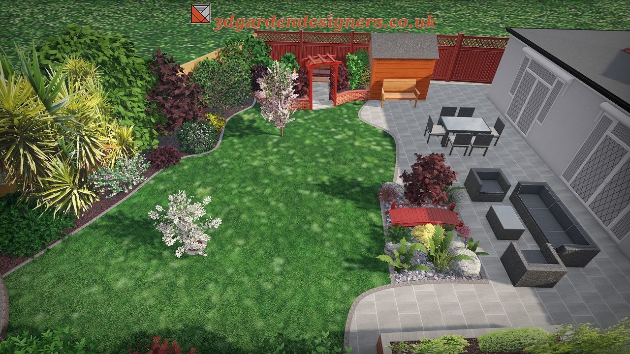 Overhead view of a backyard with patio furniture, a lawn, flowerbeds, and a shed.