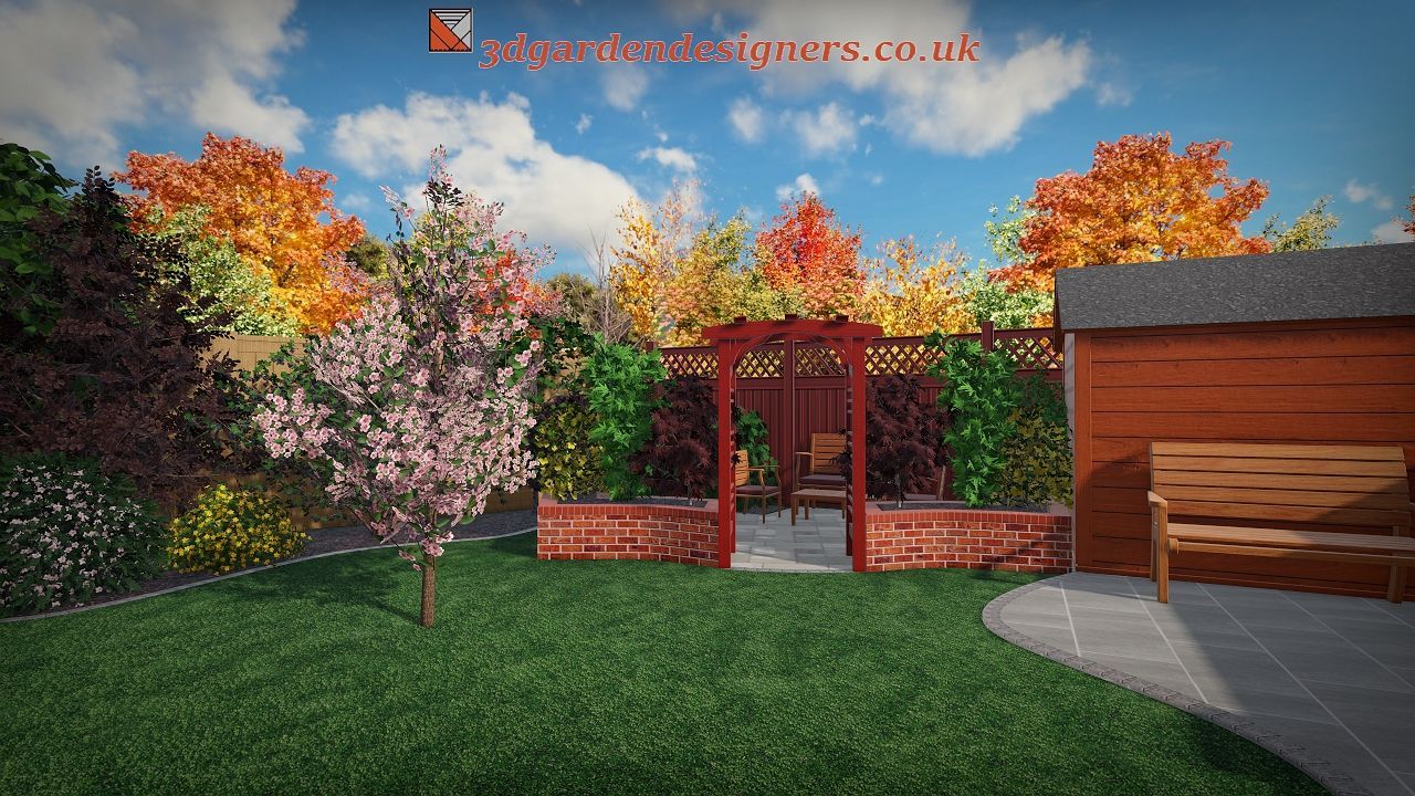 Garden with lawn, flower beds, arbor, wooden bench, trees with autumn colors.