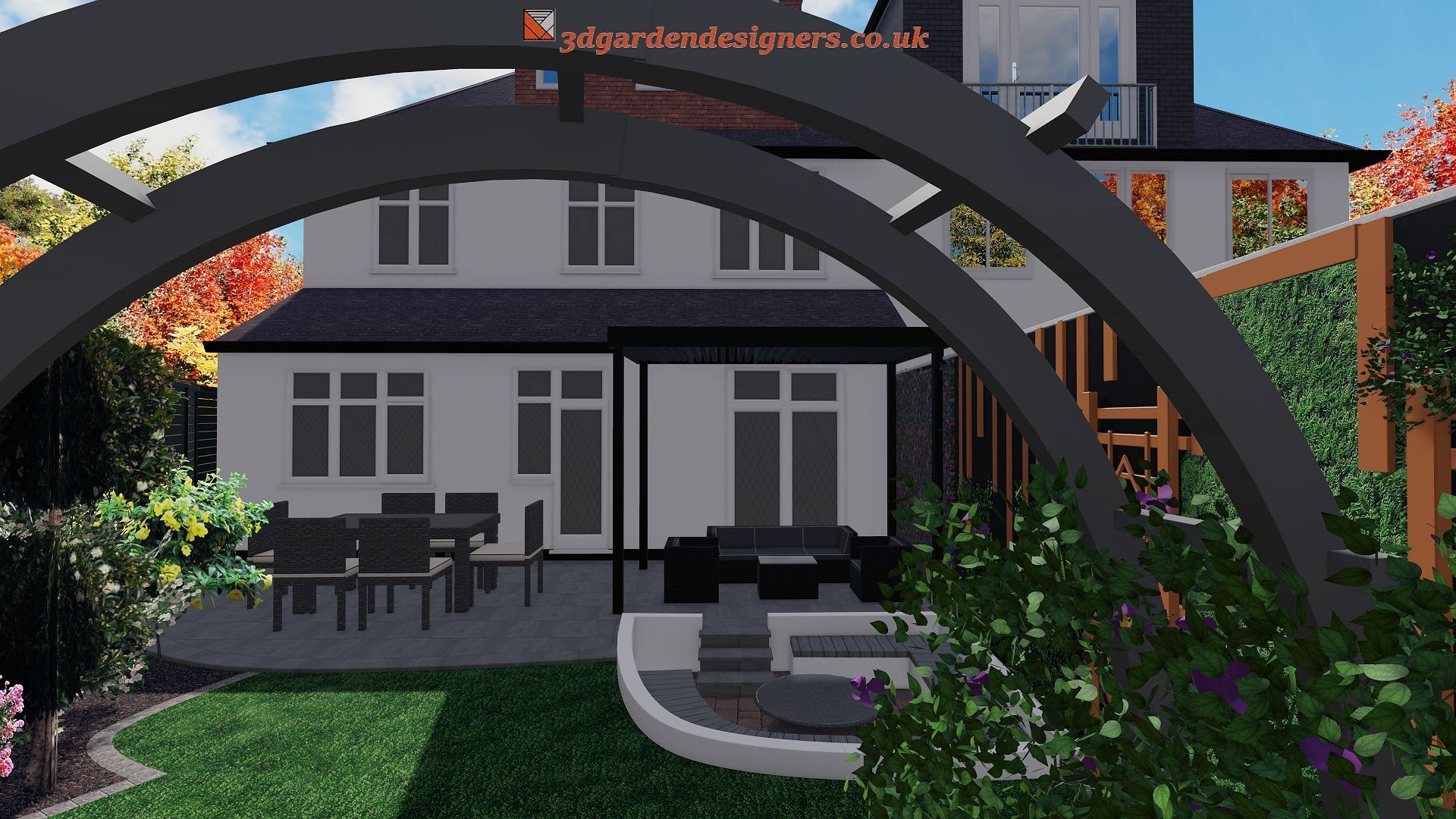 A computer generated image of a house with a patio and a garden.